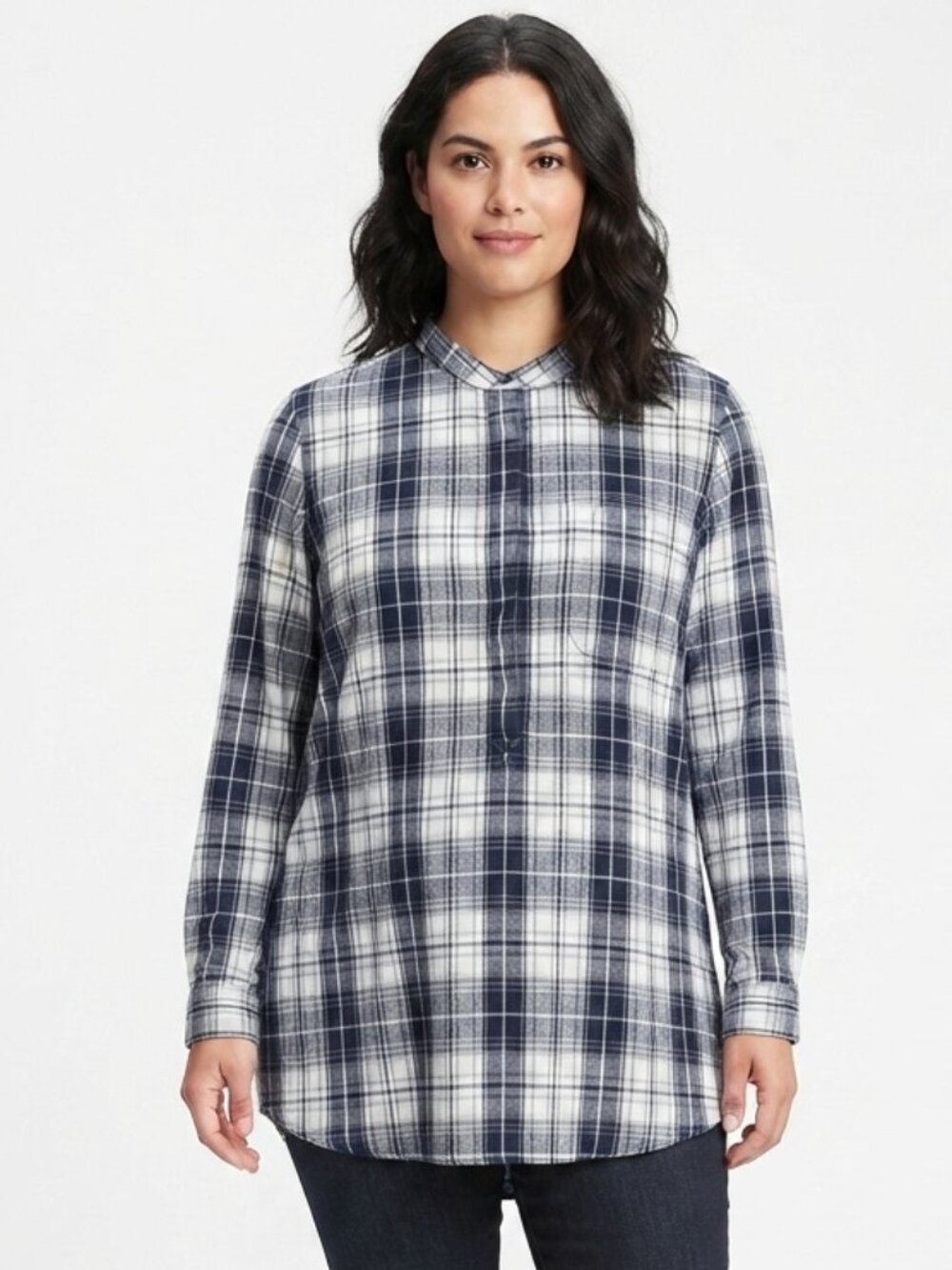 Lands' End Mandarin Collar Popover Plaid Flannel Shirt- Sz. Med